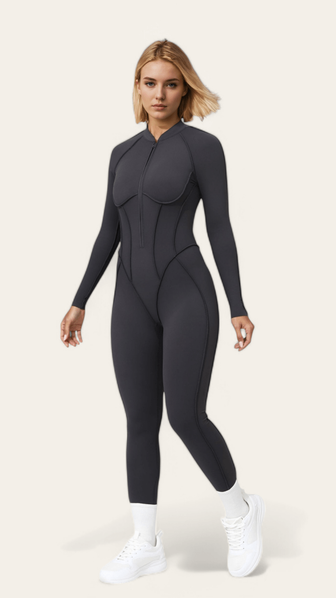 PilaNova Contour Stitch Catsuit – Sculpting & Stretchy – Dark Gray - PilaNova