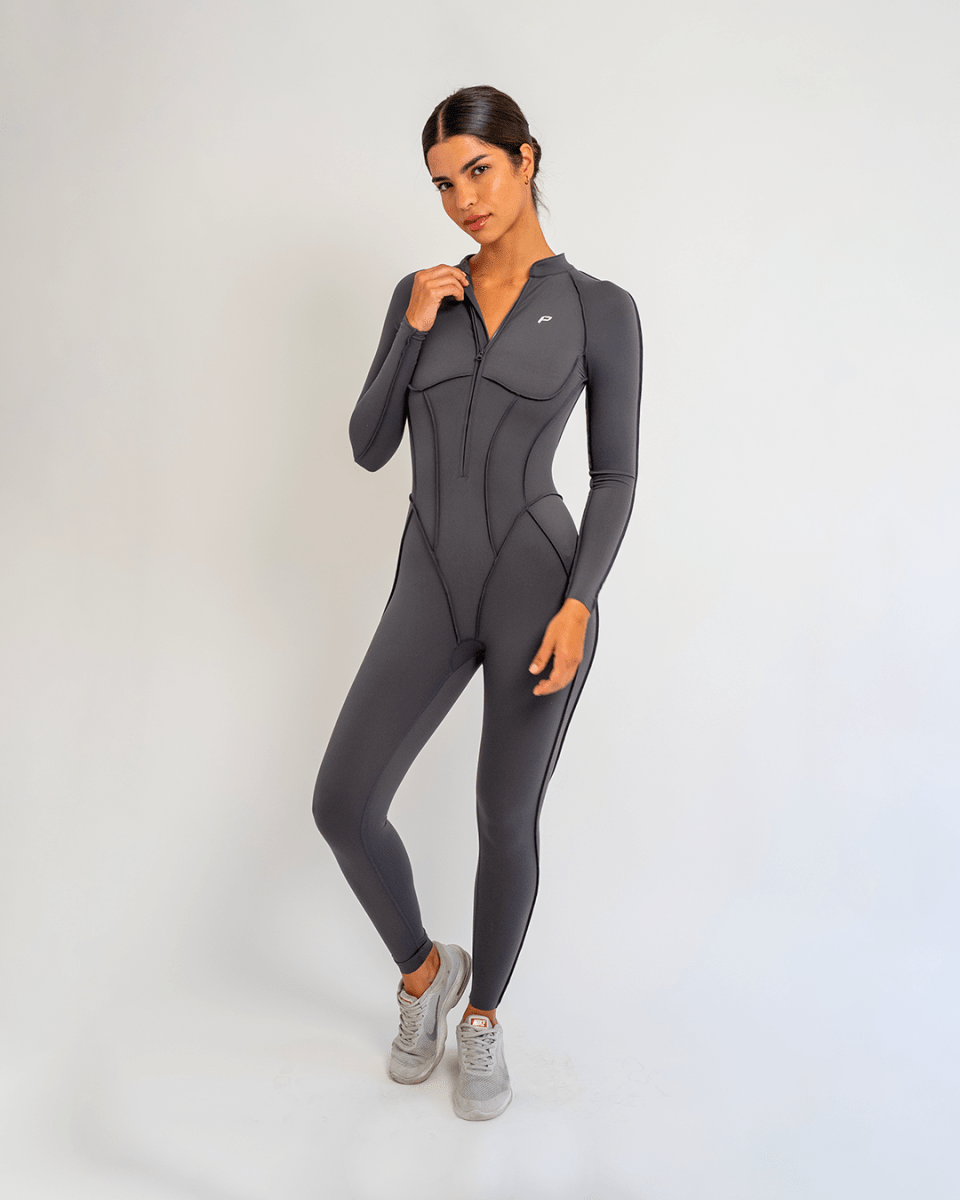 PilaNova Contour Stitch Catsuit – Sculpting & Stretchy – Dark Gray - PilaNova