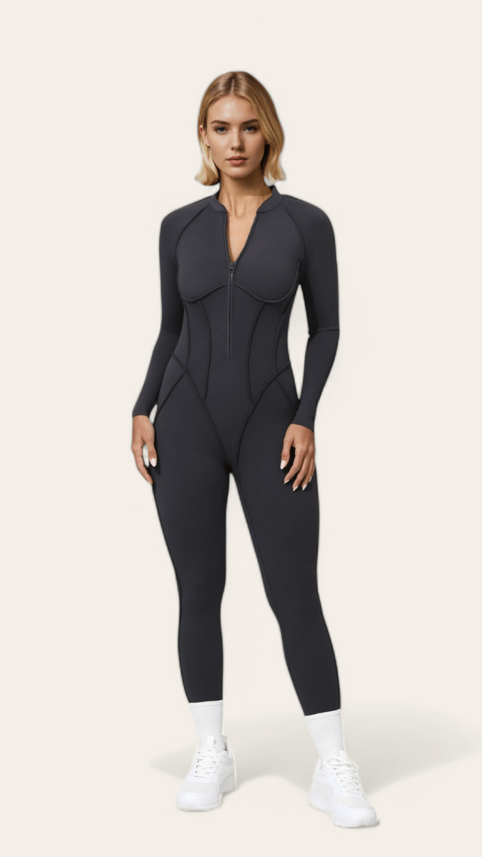 PilaNova Contour Stitch Catsuit – Sculpting & Stretchy – Dark Gray - PilaNova