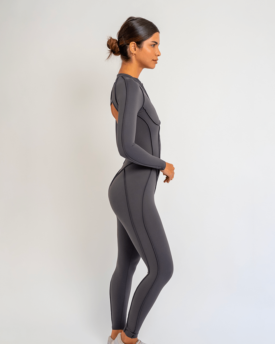 PilaNova Contour Stitch Catsuit – Sculpting & Stretchy – Dark Gray - PilaNova