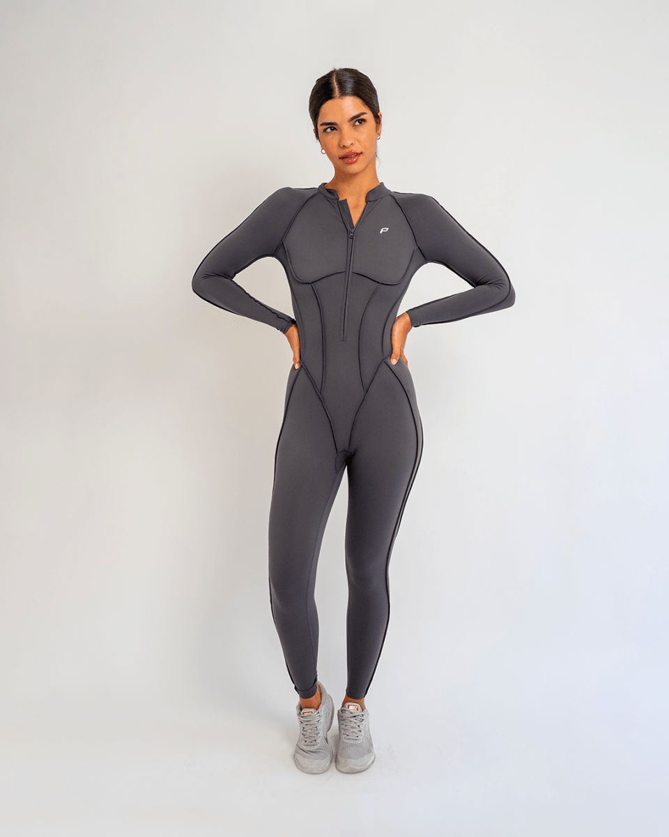 PilaNova Contour Stitch Catsuit – Sculpting & Stretchy – Dark Gray - PilaNova