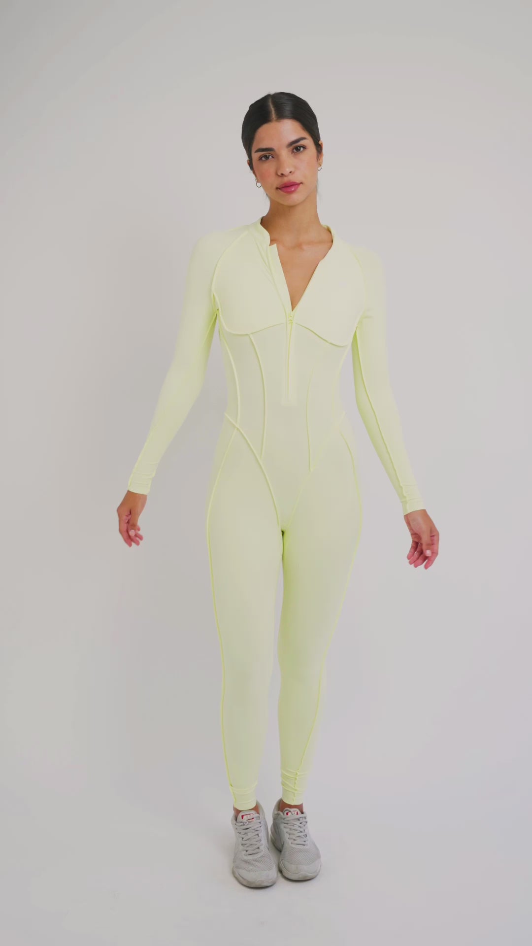 Load video: PilaNova Full-Length Catsuit – Sculpting Fit &amp; Open Back – Lemon Meringue