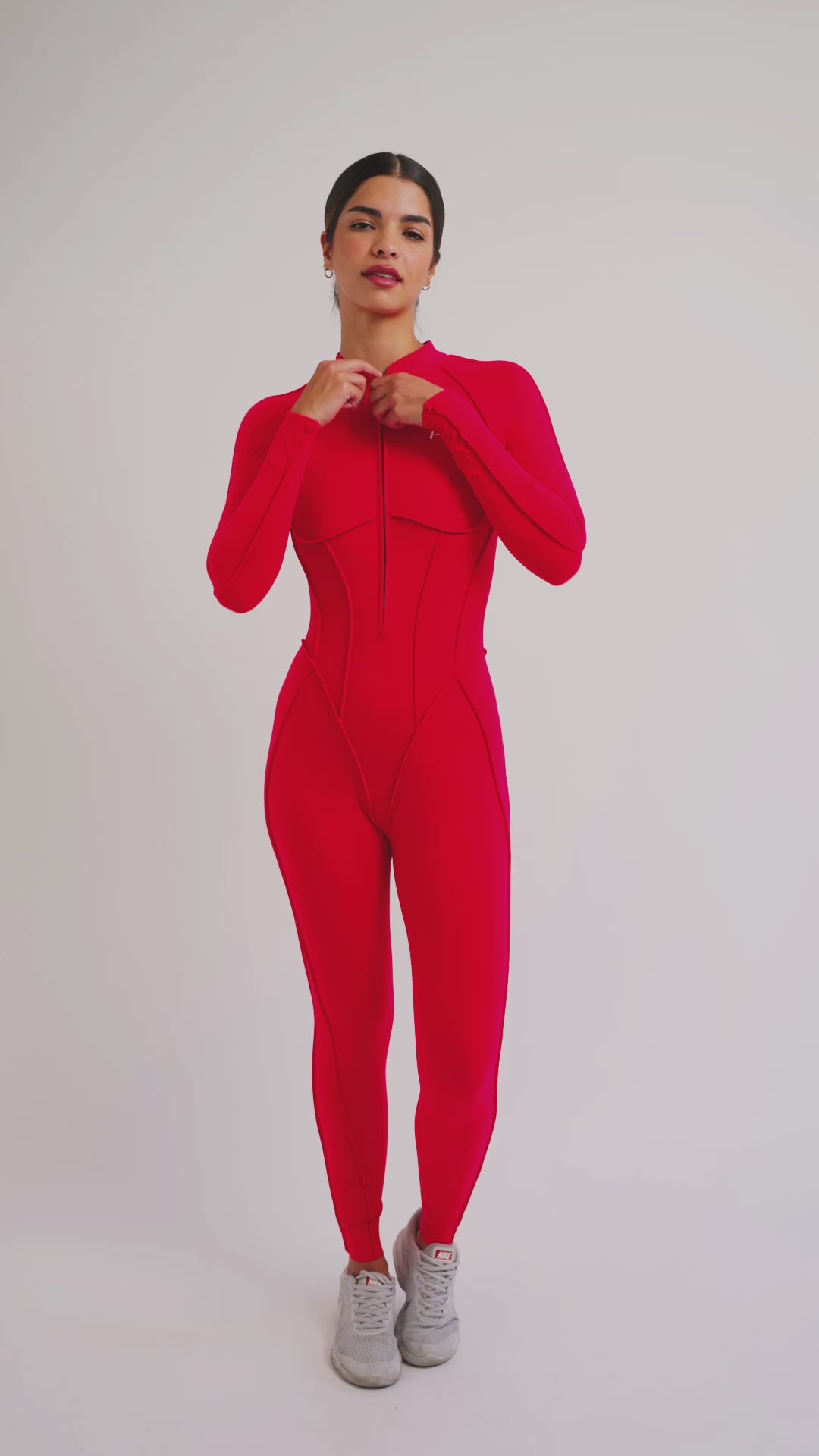 Load video: PilaNova Full-Length Catsuit – Sculpting Fit &amp; Open-Back – Red