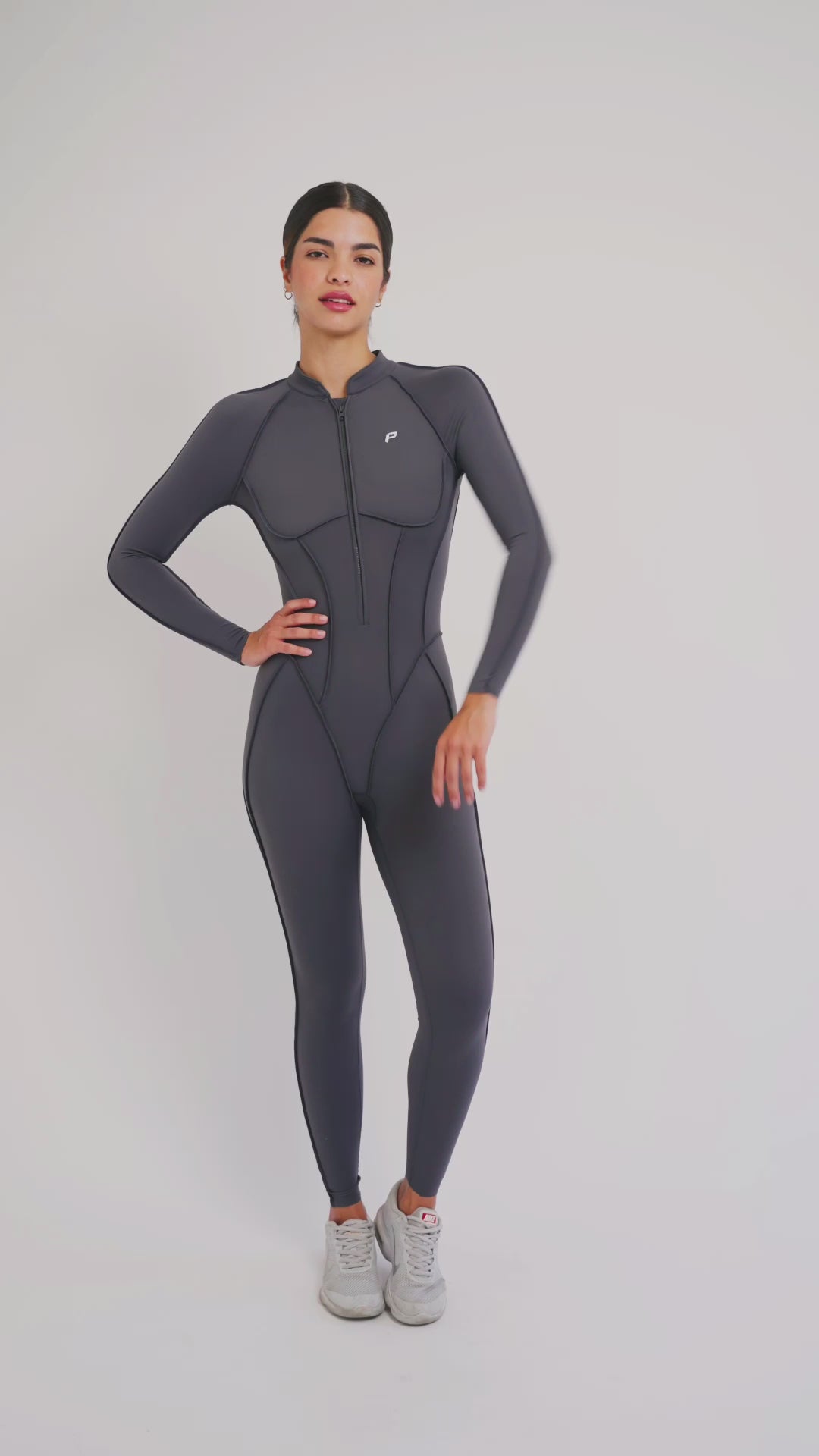 Load video: PilaNova Contour Stitch Catsuit – Sculpting &amp; Stretchy – Dark Gray